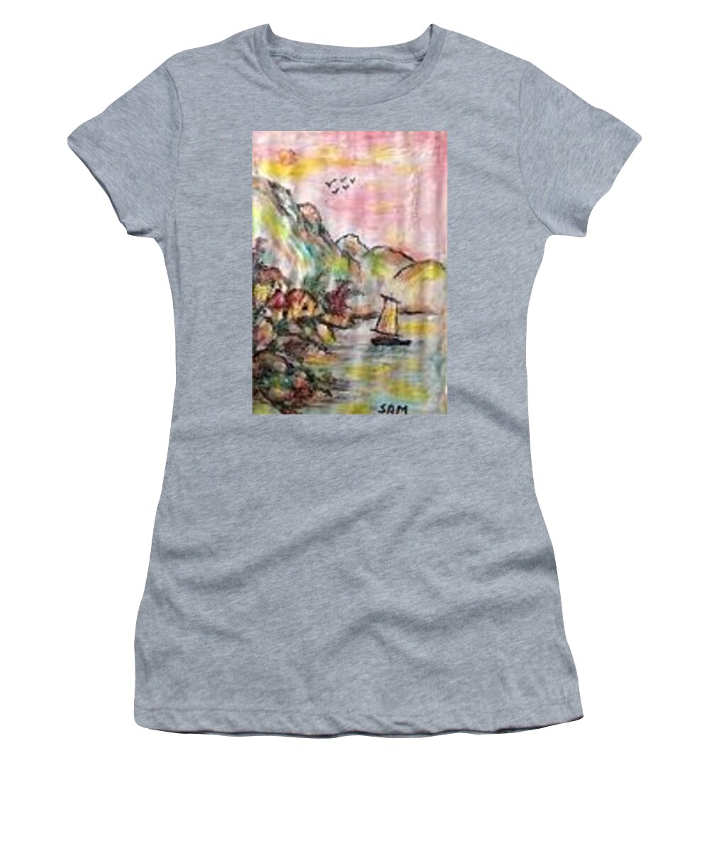 Seascape Women's T-Shirt featuring the painting Seascape with boat by Sam Shaker