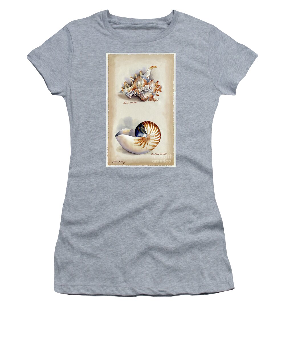 Seashells Women's T-Shirt featuring the photograph Seashells Murex and Nautilus by Maria Rabinky