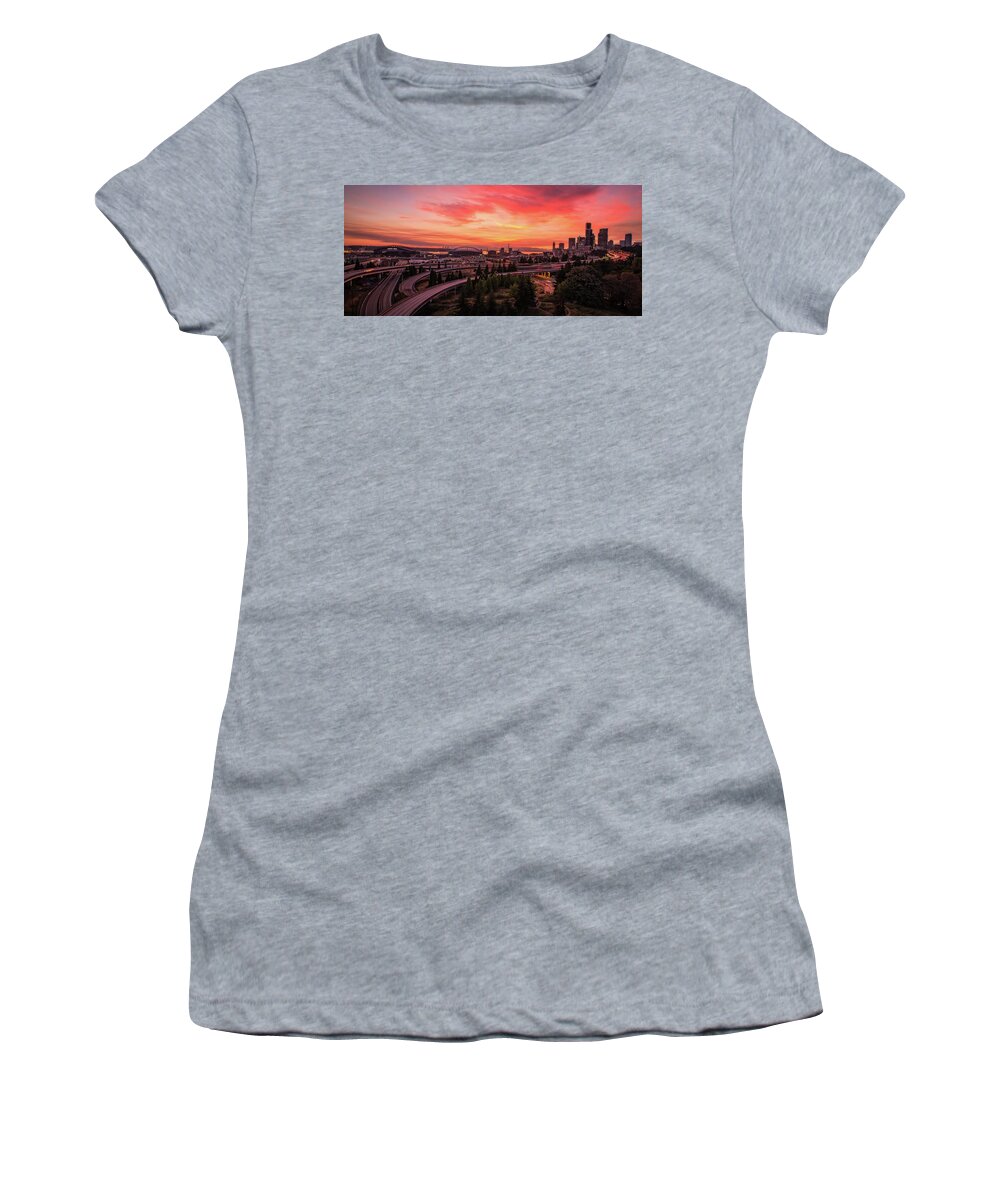 Seattle Women's T-Shirt featuring the photograph Seattle Sunset by Judi Kubes