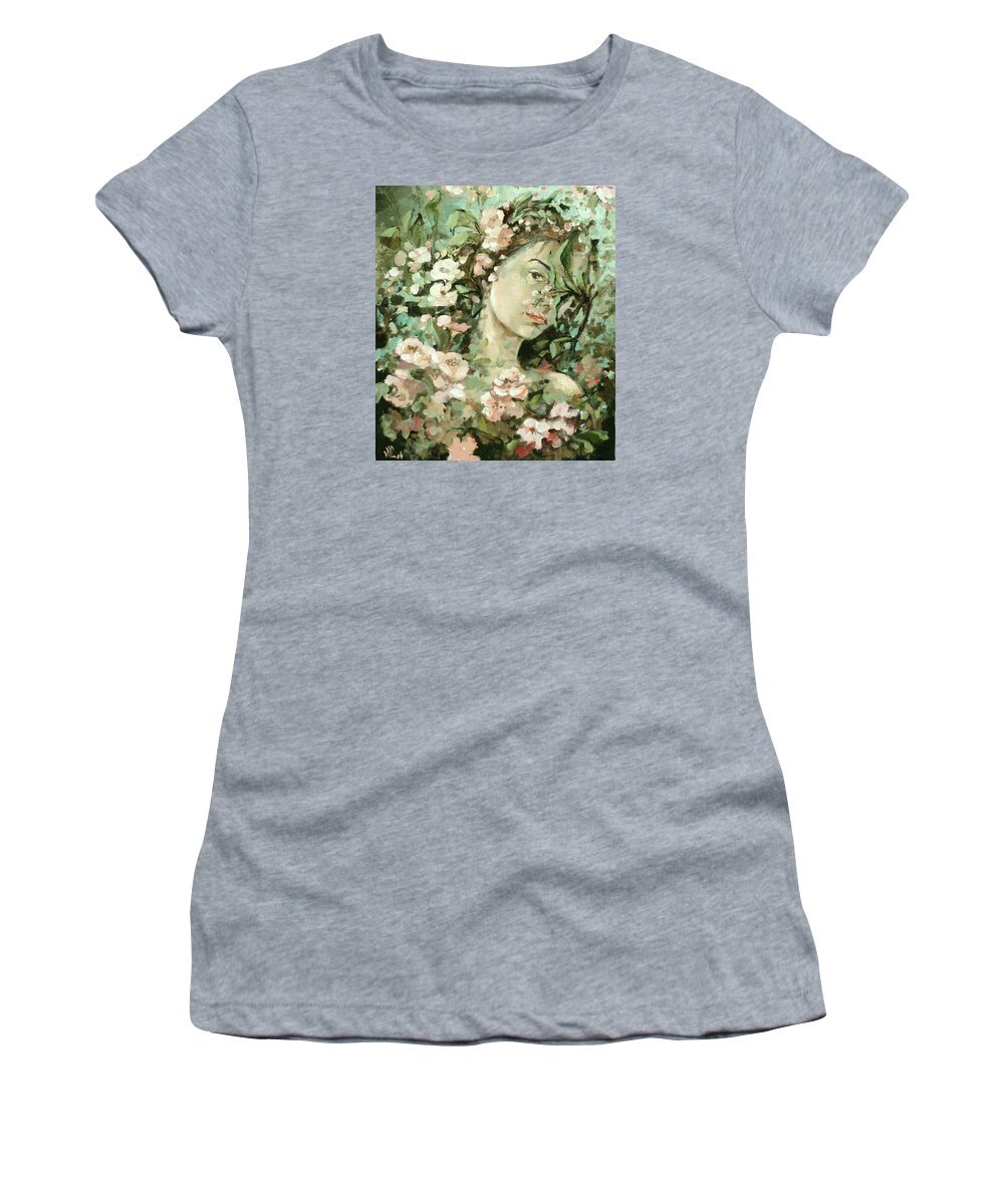 Portrait Women's T-Shirt featuring the painting Self Portrait With Aplle Flowers by Vali Irina Ciobanu