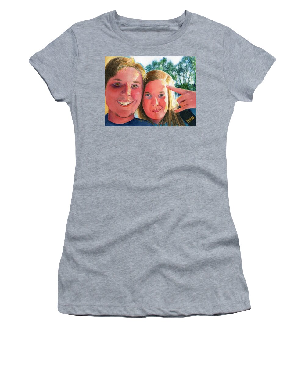 Portrait Women's T-Shirt featuring the painting Selfie 2 - Erick and Sam by Wendy Keeney-Kennicutt