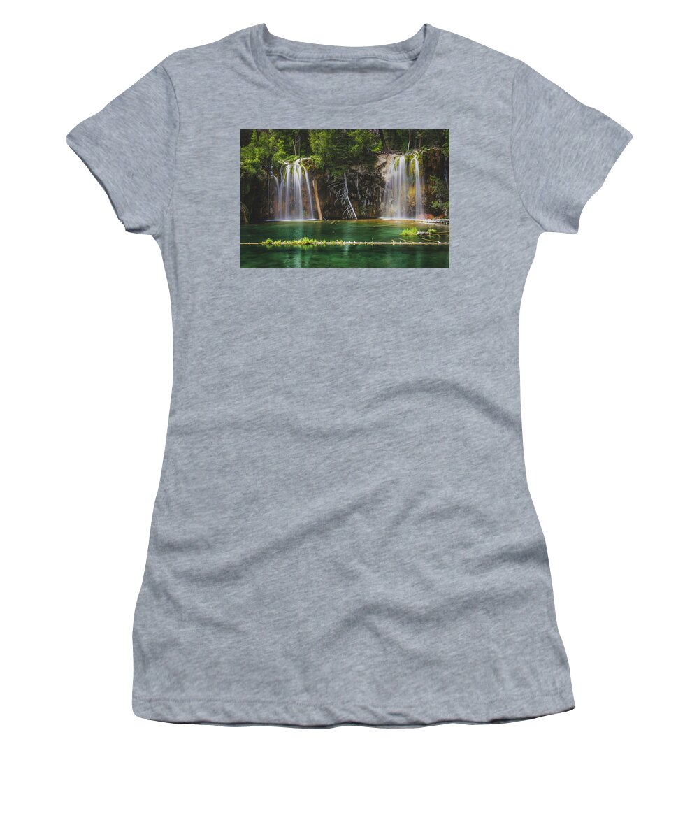 Beauty In Nature Women's T-Shirt featuring the photograph Serene Hanging Lake Waterfalls by Andy Konieczny