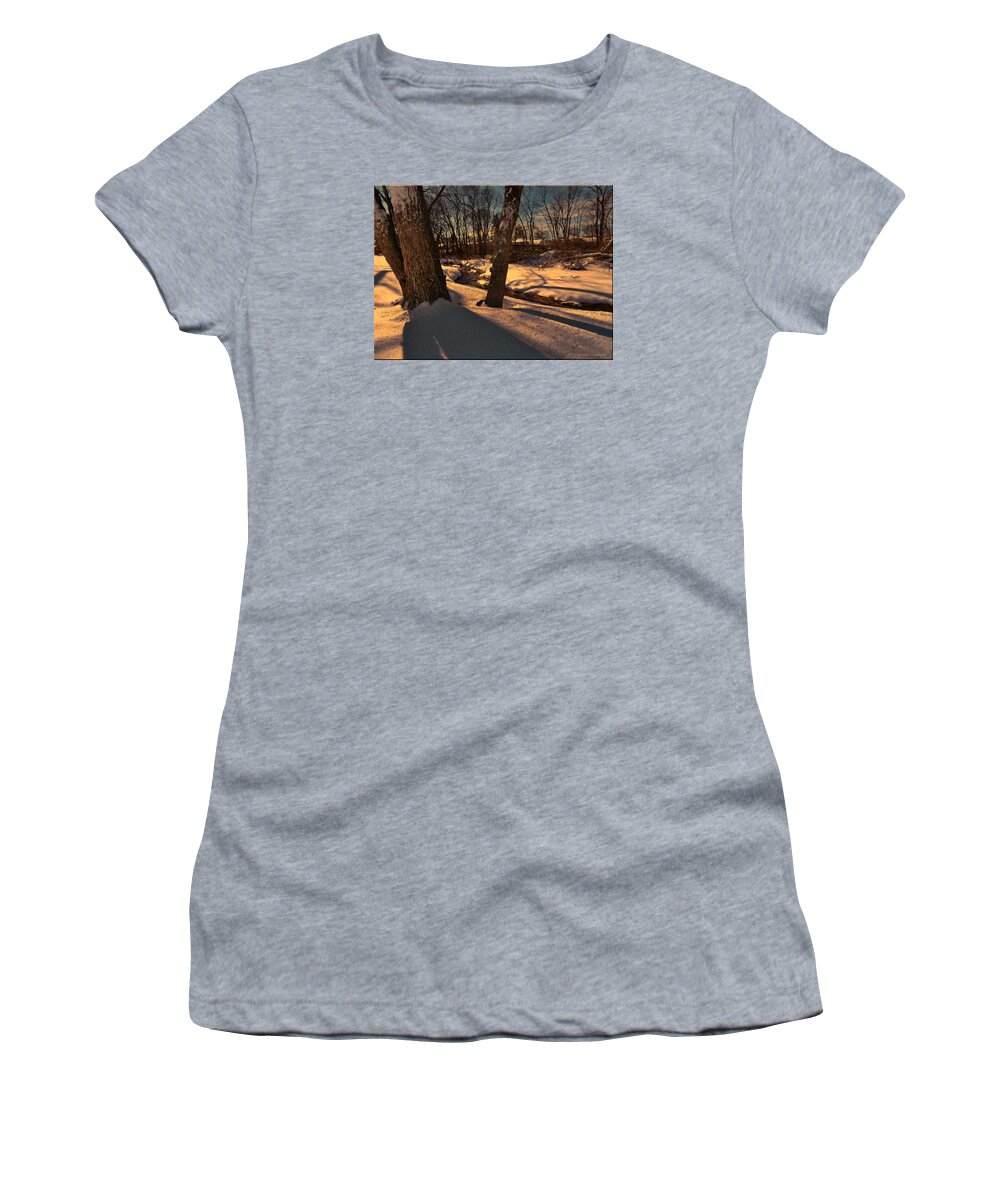 Winter Women's T-Shirt featuring the photograph Setting sun on a winters day by Mikki Cucuzzo