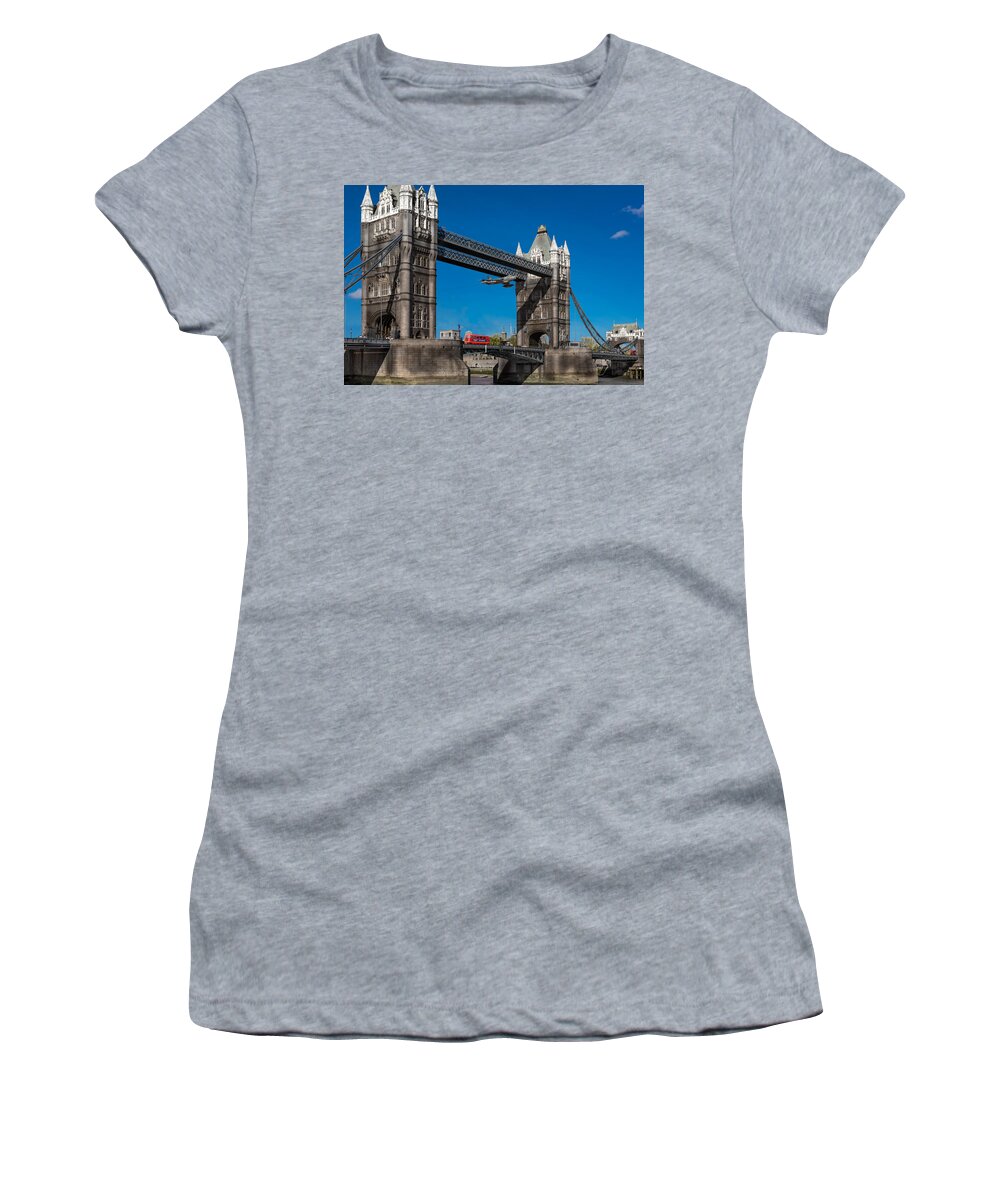 Tower Bridge Women's T-Shirt featuring the photograph Seven seconds - the Tower Bridge Hawker Hunter incident by Gary Eason
