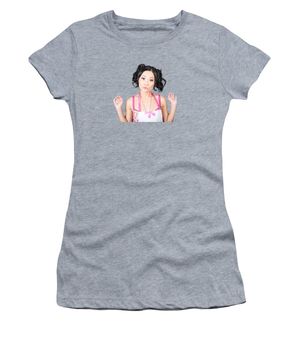Girl Women's T-Shirt featuring the photograph Cute Asian pinup woman with surprised expression by Jorgo Photography