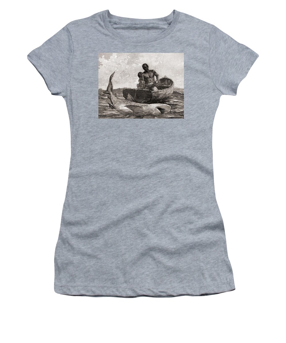 Winslow Homer Women's T-Shirt featuring the drawing Shark Fishing, Nassau Bar by Winslow Homer