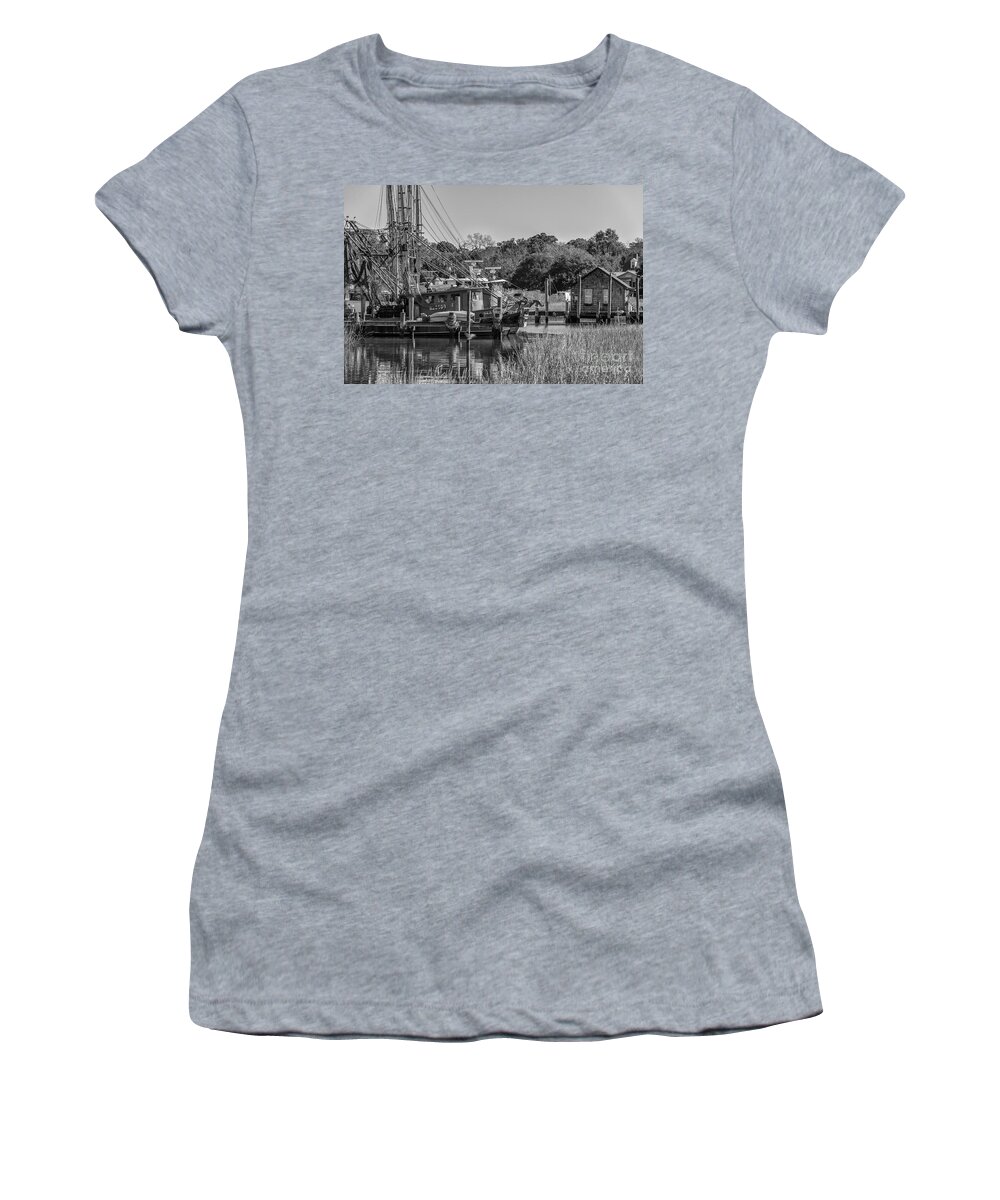 Shem Creek Women's T-Shirt featuring the photograph Shem Creek Black and White by Dale Powell