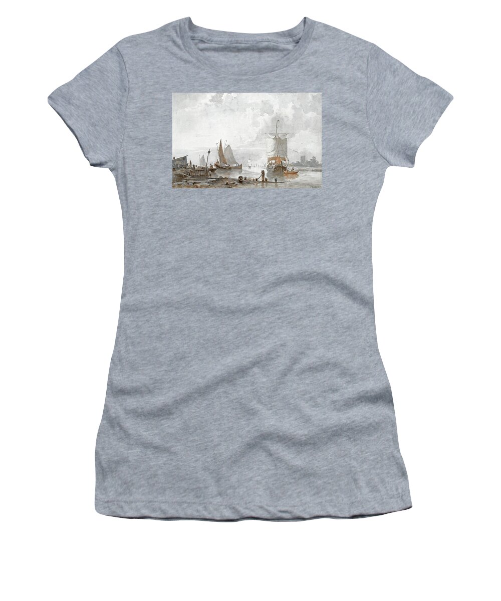 Everhardus Koster Women's T-Shirt featuring the drawing Shipping on a River by Everhardus Koster