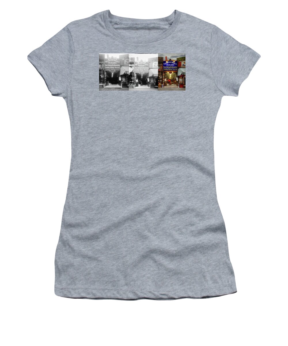 Color Women's T-Shirt featuring the photograph Shoeshine - The Grand Palace Parlors 1922 - Side by Side by Mike Savad