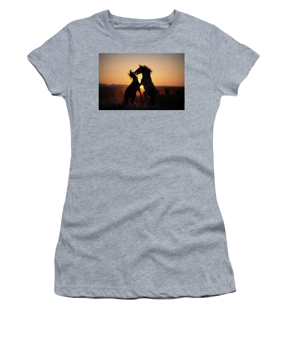 Wild Horses Mustangs Equine Sunset Wildlife Western Heritage Women's T-Shirt featuring the photograph Showdown Sunset by Dirk Johnson