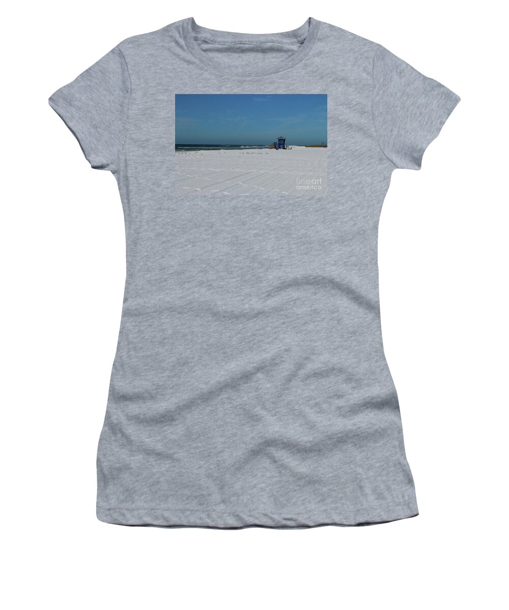 Lifegard Women's T-Shirt featuring the photograph Siesta Key Beach With Blue Lifeguard Station by Christiane Schulze Art And Photography