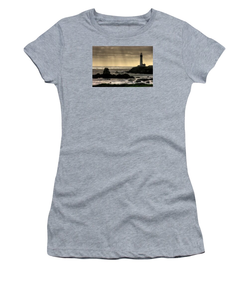 Pigeon Point Lighthouse Women's T-Shirt featuring the photograph Silhouette Sentinel - Pigeon Point Lighthouse - Central California Coast Spring by Michael Mazaika