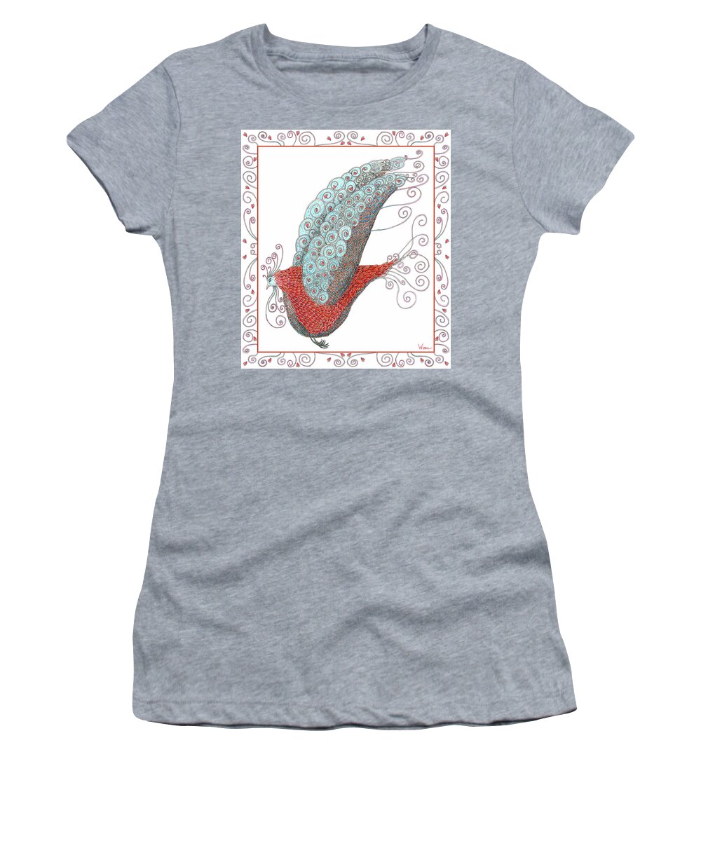 Lise Winne Women's T-Shirt featuring the mixed media Simon Lovey the Exotic Bird with border by Lise Winne