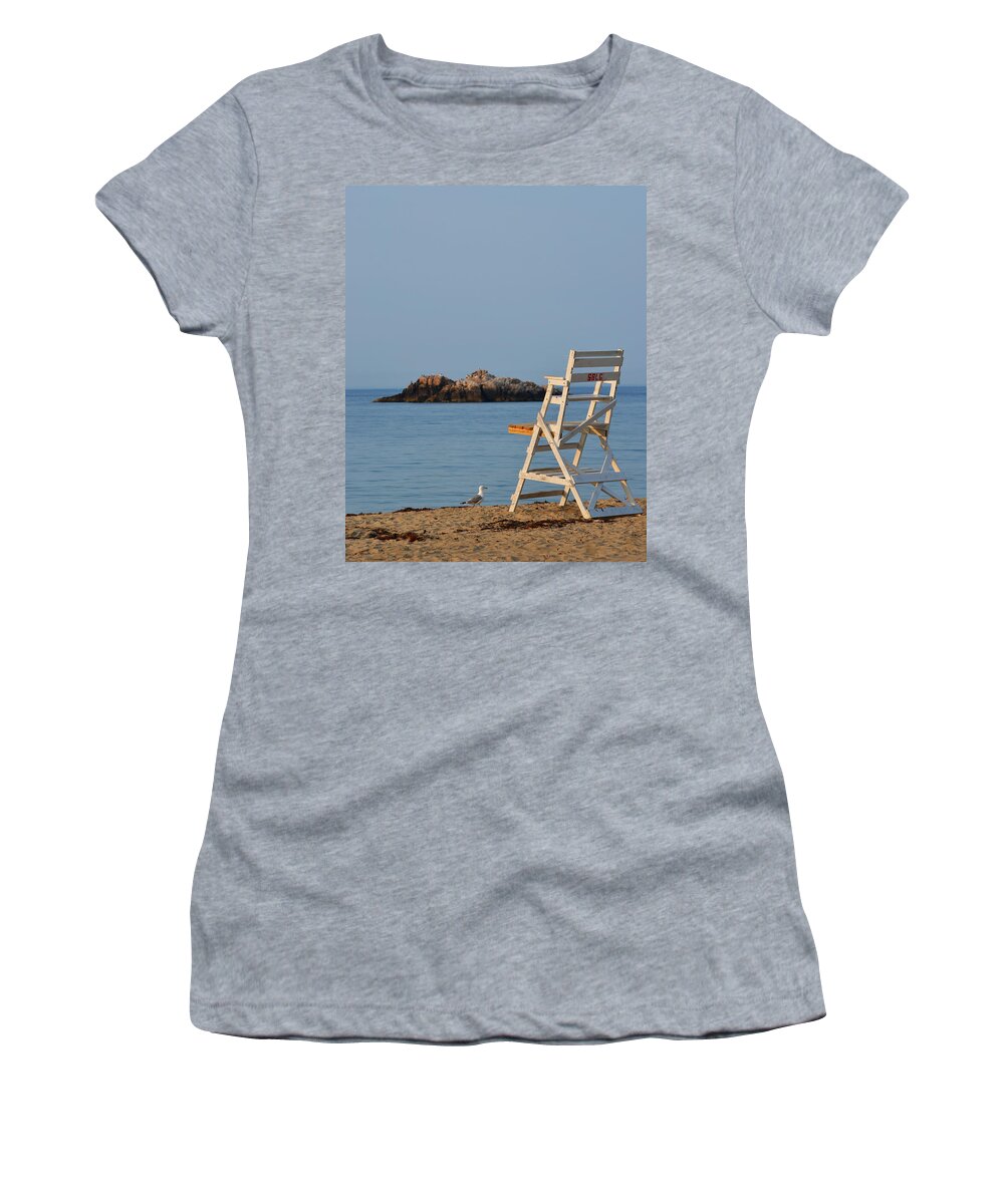 Manchester Women's T-Shirt featuring the photograph Singing Beach Lifeguard Chair Manchester by the Sea MA by Toby McGuire
