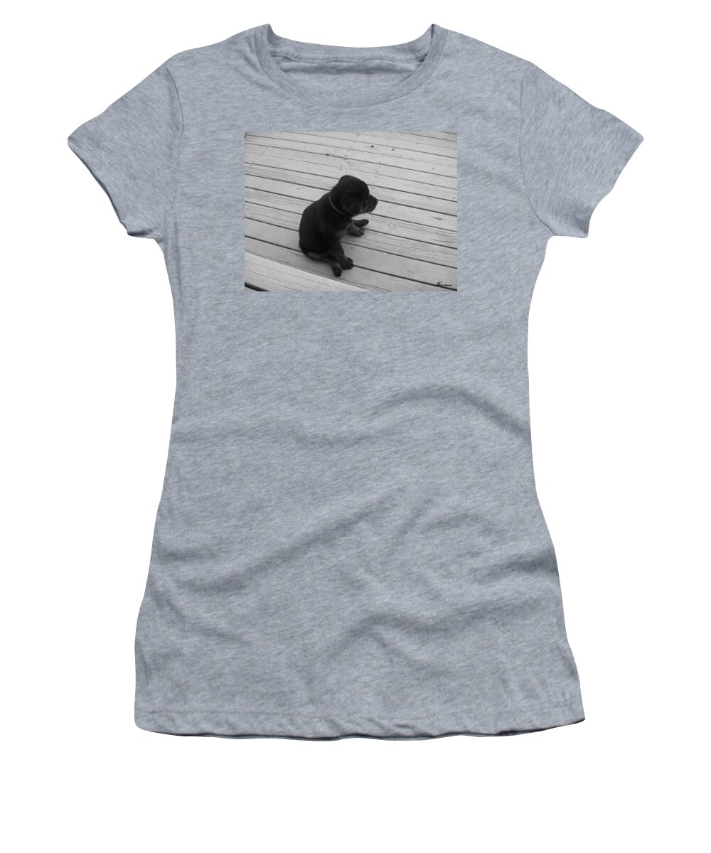 Puppy Dog Baby Relaxing Patience Black And White Photography Cute Women's T-Shirt featuring the photograph Sit and Think by Andrea Lawrence