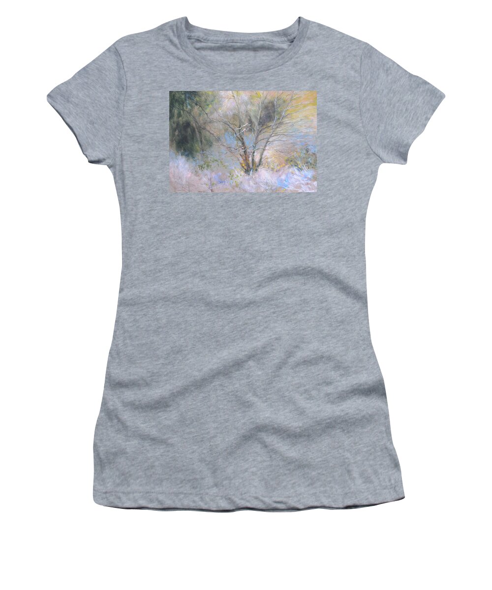 Landscape Women's T-Shirt featuring the painting Sketch of Halation effect through Trees by Harry Robertson