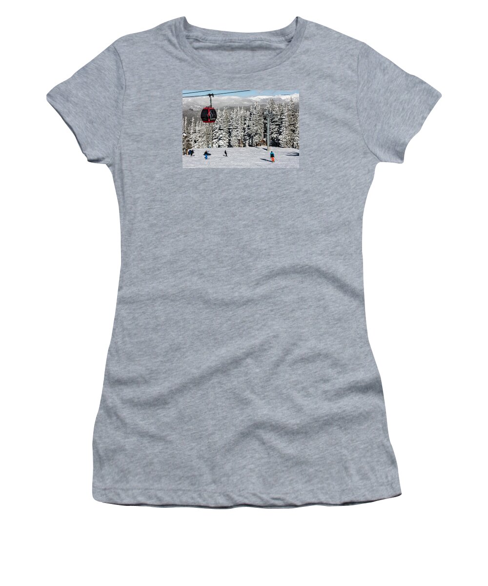  Women's T-Shirt featuring the photograph Skiers limber up under a gondola near the summit of Aspen Mountain by Carol M Highsmith