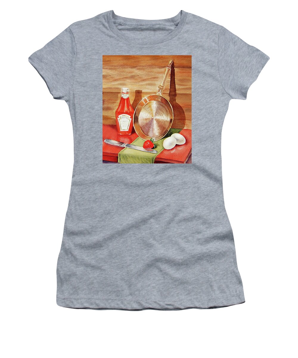 Breakfast Women's T-Shirt featuring the painting Skillet Eggs And Heinz Ketchup Watercolor by Irina Sztukowski