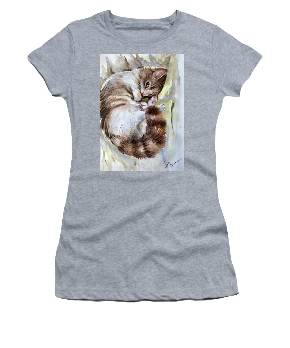 Animal Women's T-Shirt featuring the painting Sleepy cat 2 by Katerina Kovatcheva