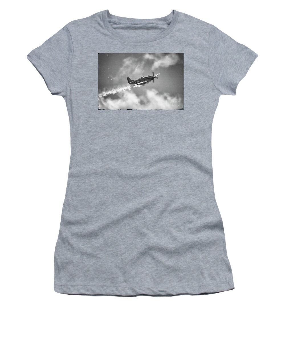 P-51 Women's T-Shirt featuring the photograph Smokin 51 BW by Gulf Coast Aerials -