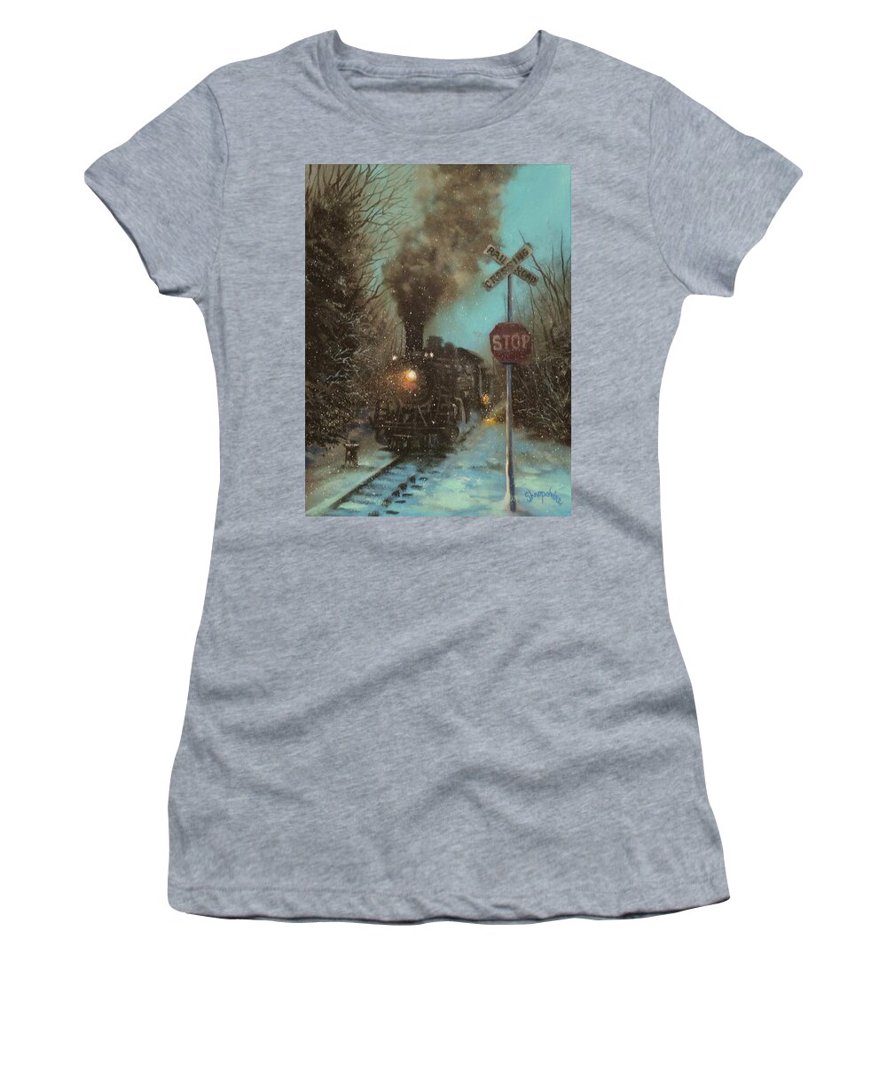 Steam Engine Women's T-Shirt featuring the painting Snow and Steam by Tom Shropshire