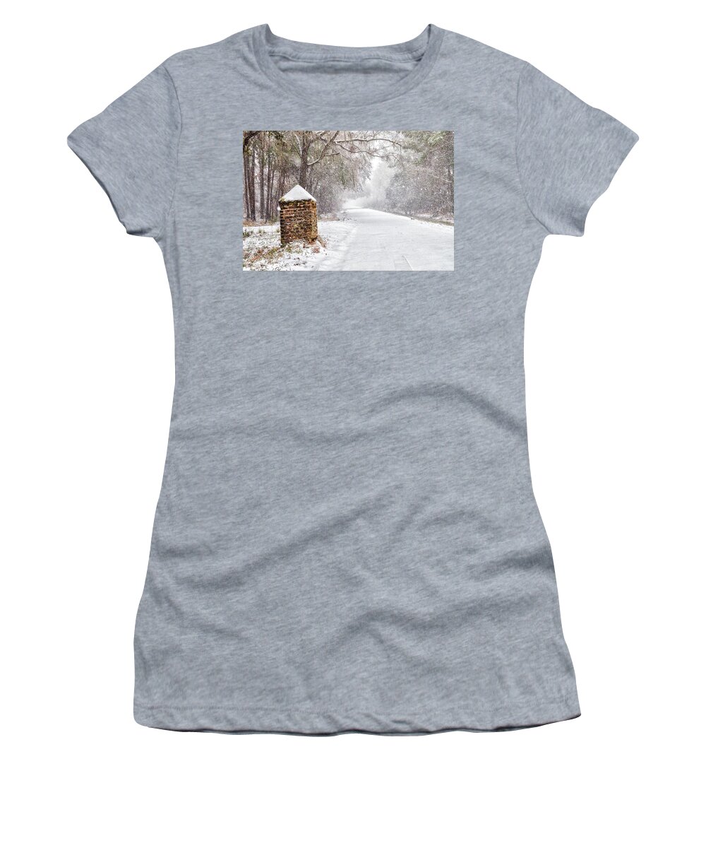 Chisolm Women's T-Shirt featuring the photograph Snow Covered Brick Pillar by Scott Hansen