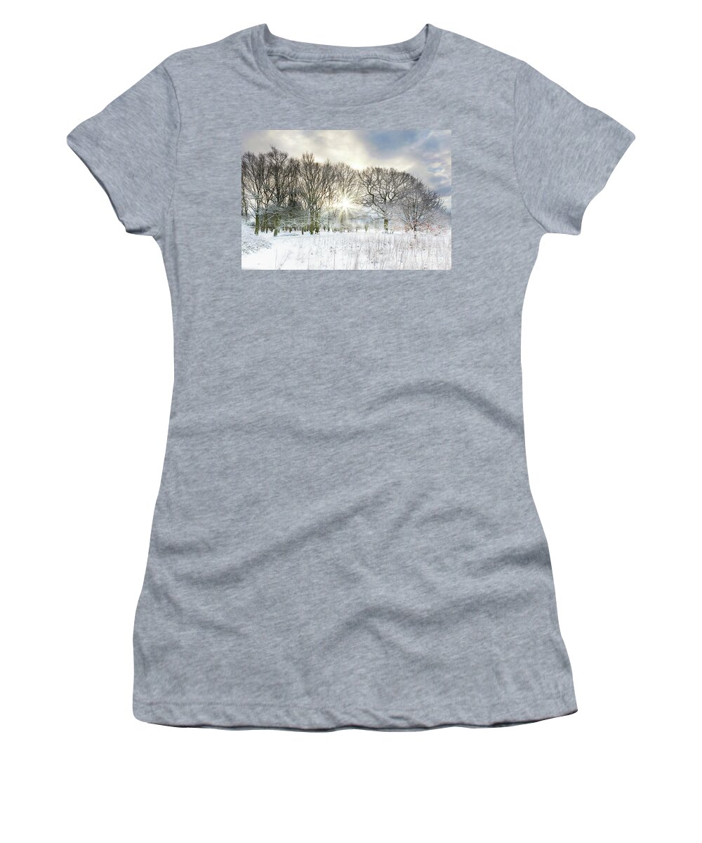 Snow Women's T-Shirt featuring the photograph Snow covered rural trees with early morning sunrise by Simon Bratt
