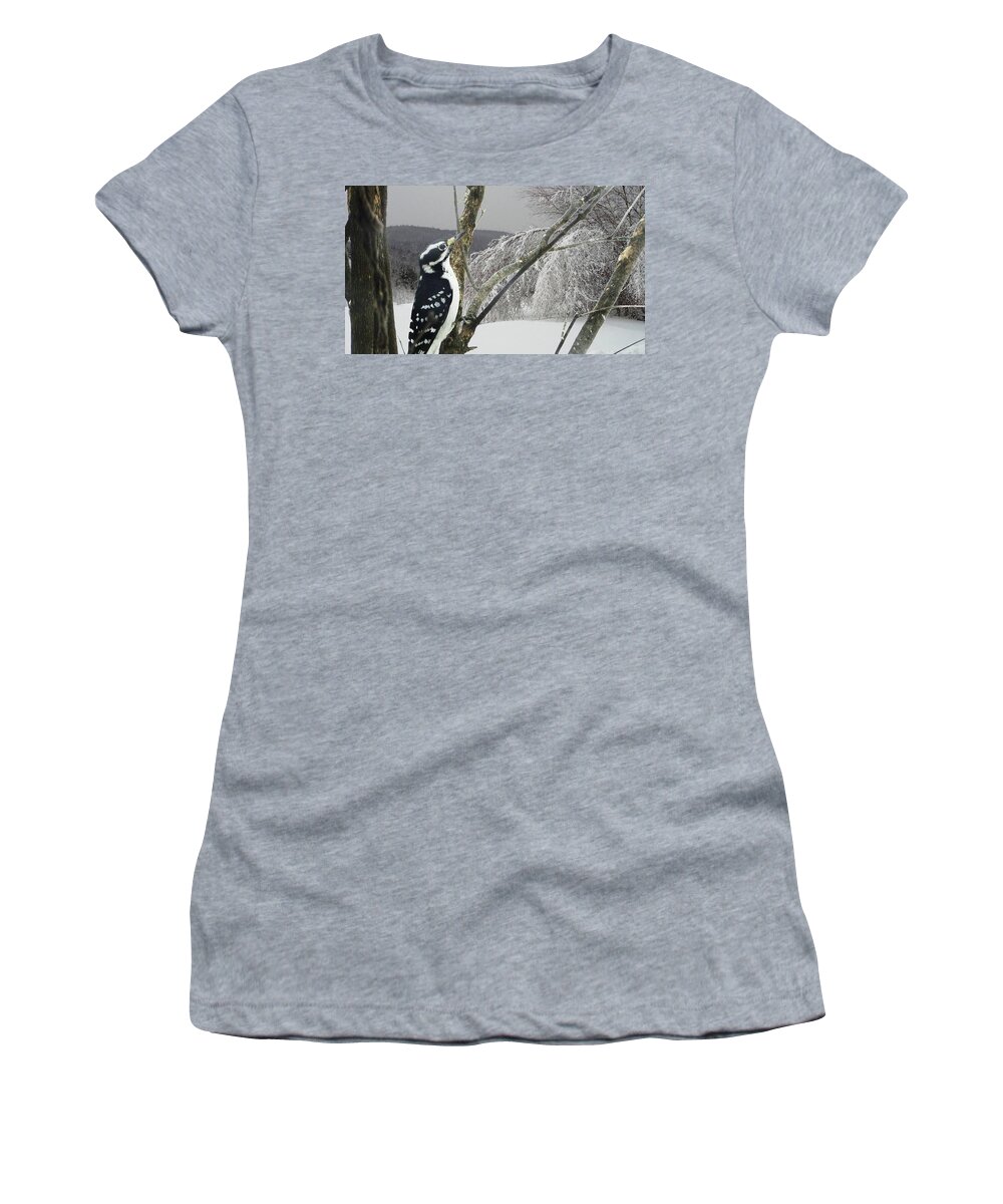 Snow For The Holidays-knock On Wood Women's T-Shirt featuring the photograph Snow for the Holidays-Knock on Wood by Mike Breau
