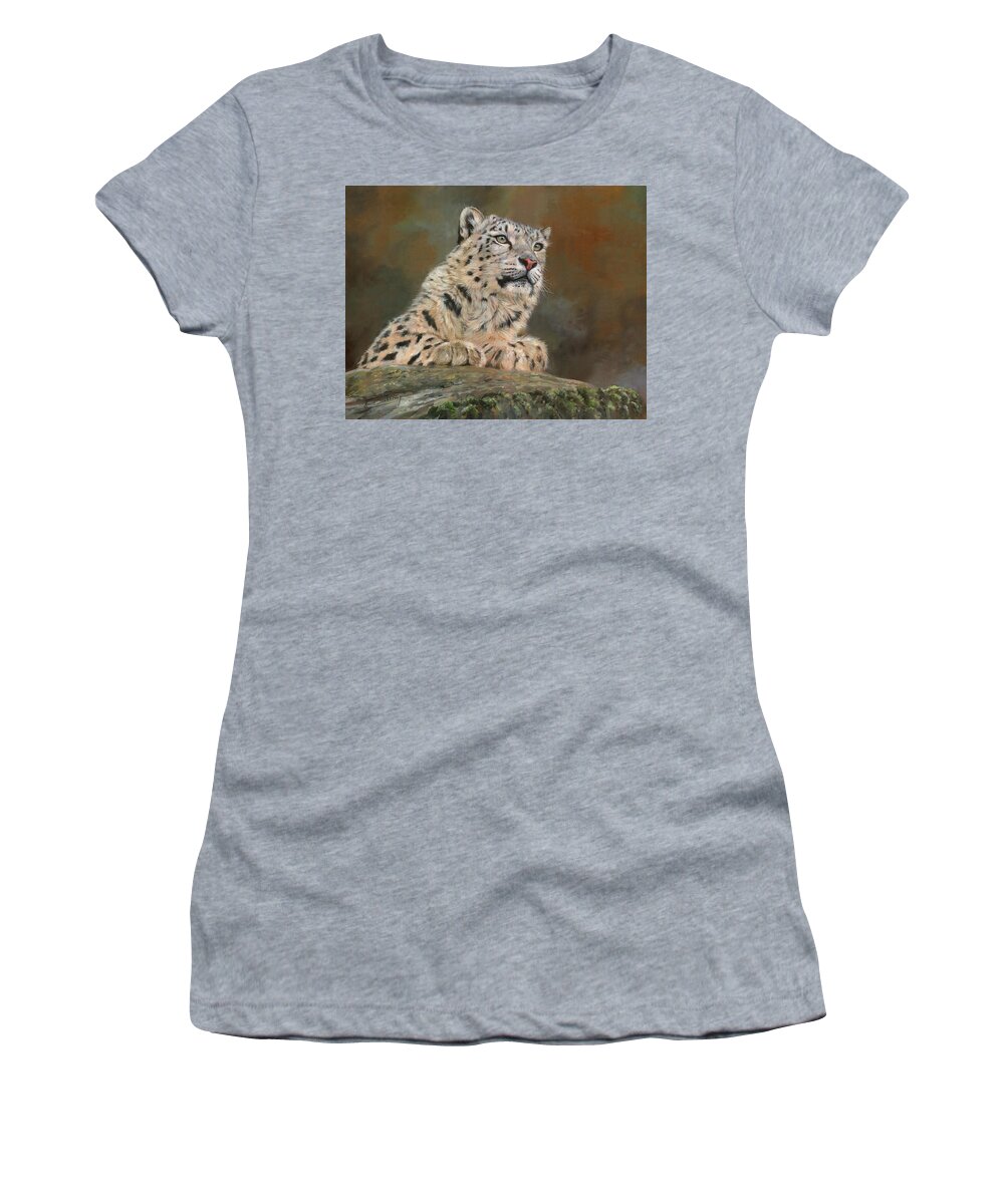 Snow Leopard Women's T-Shirt featuring the painting Snow Leopard on Rock by David Stribbling