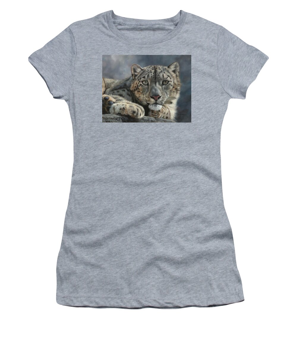 Snow Leopard Women's T-Shirt featuring the painting Snow Leopard Portrait by David Stribbling
