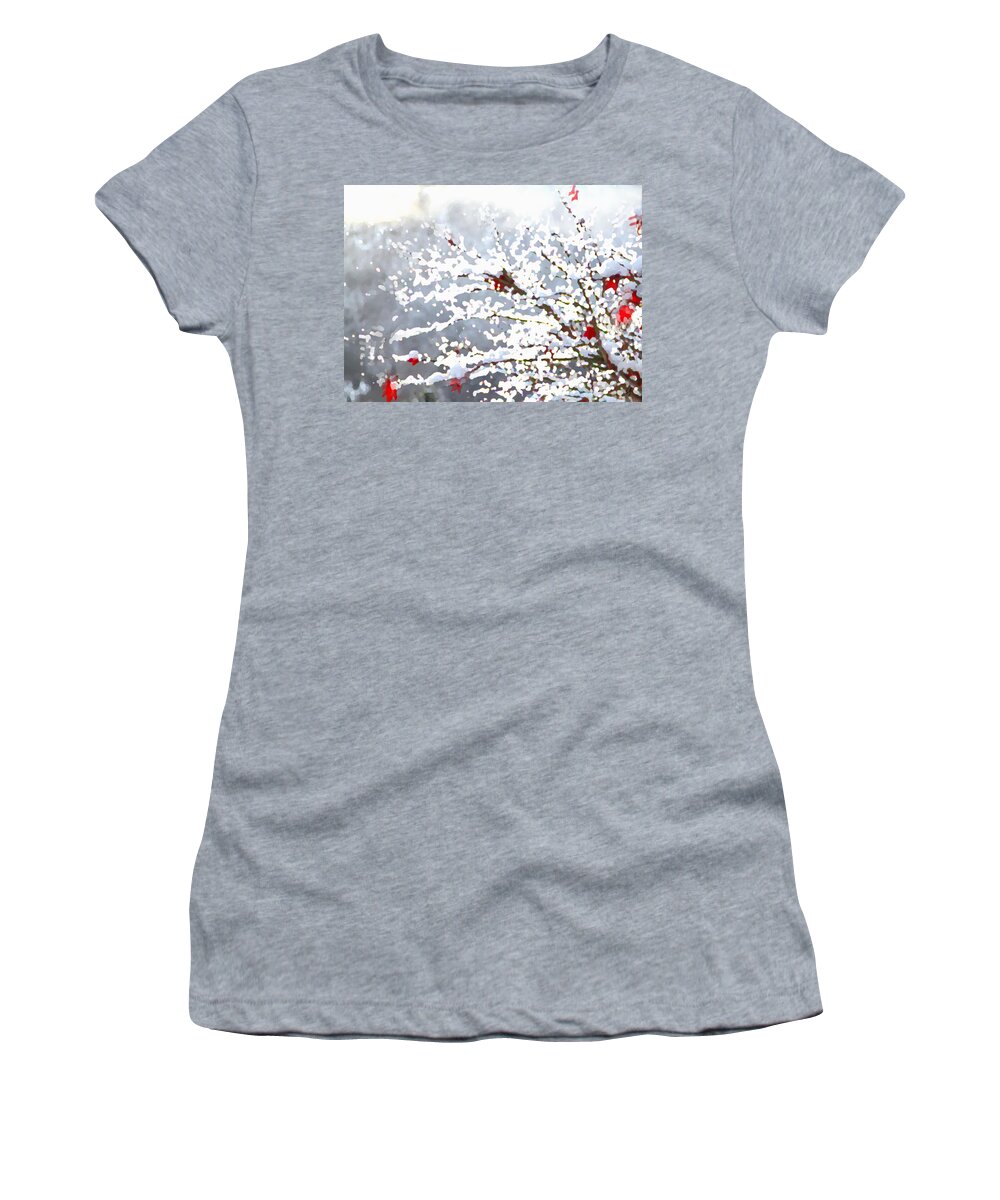 Nature Women's T-Shirt featuring the mixed media Snow on the Maple by Shelli Fitzpatrick