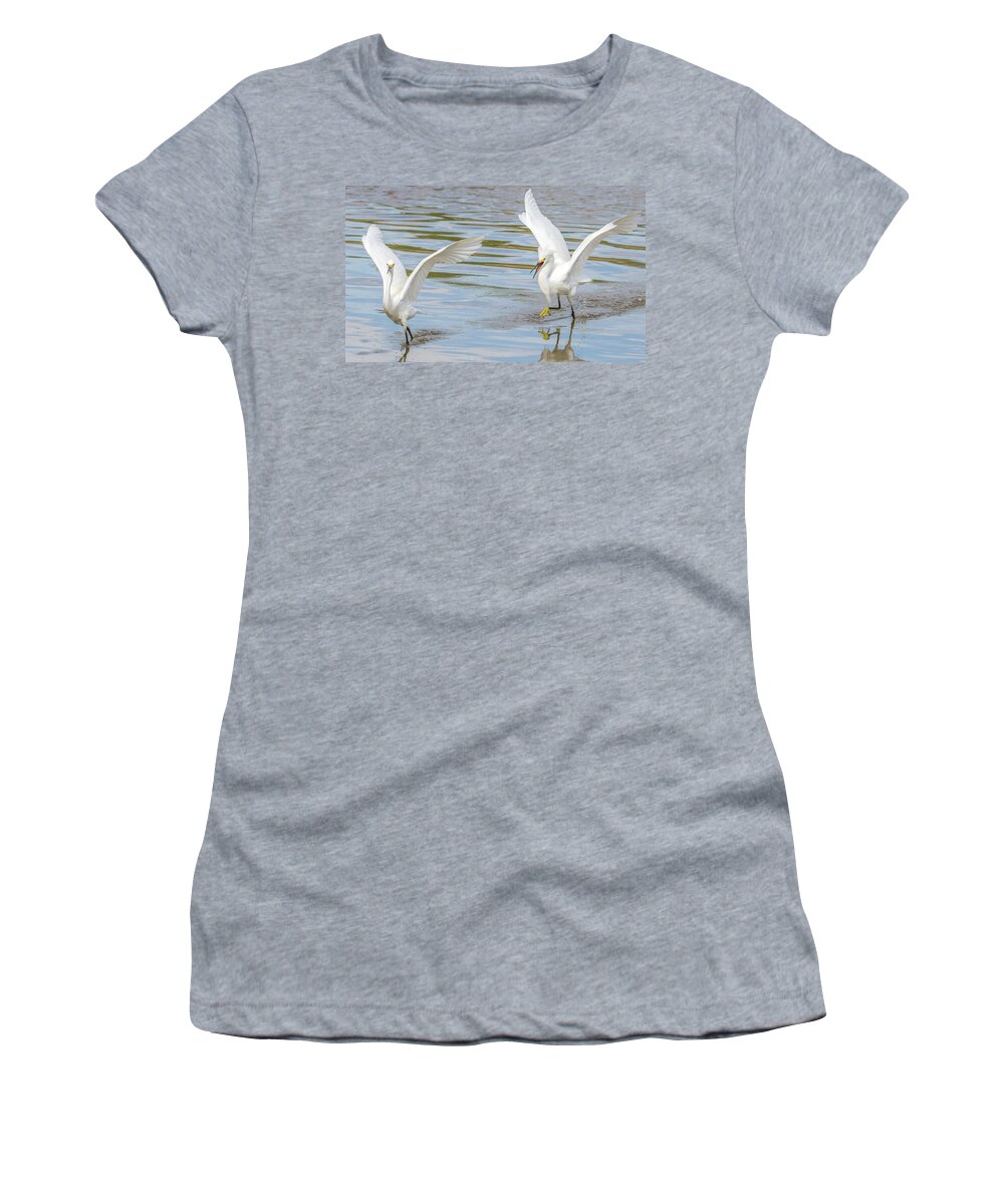 Snowy Women's T-Shirt featuring the photograph Snowy Egret Chase 1382-111317-3cr by Tam Ryan