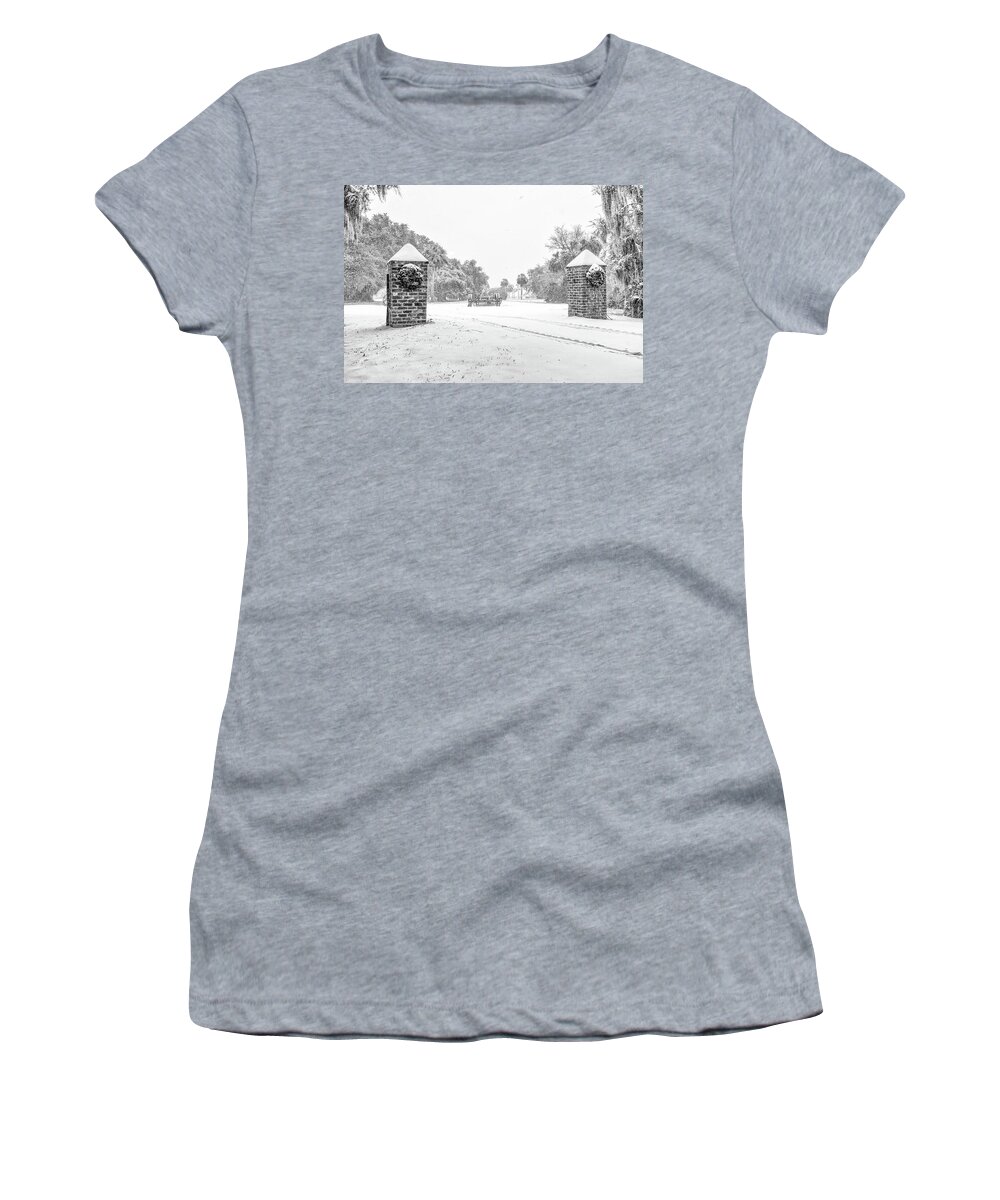 Chisolm Women's T-Shirt featuring the photograph Snowy Gates of Chisolm Island by Scott Hansen