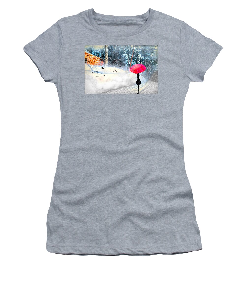 Snowy Red Umbrella Women's T-Shirt featuring the photograph Snowy Red Umbrella by Diana Angstadt