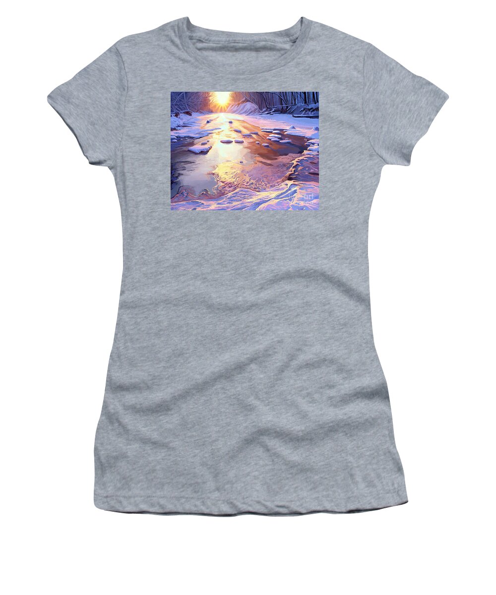 Trees Women's T-Shirt featuring the painting Snowy River Sunset by Jackie Case