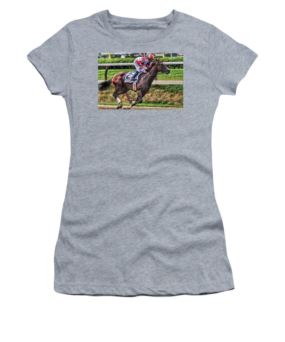 Race Horses Women's T-Shirt featuring the photograph Songbird with Mike Smith Saratoga August 2017 by Jeffrey PERKINS