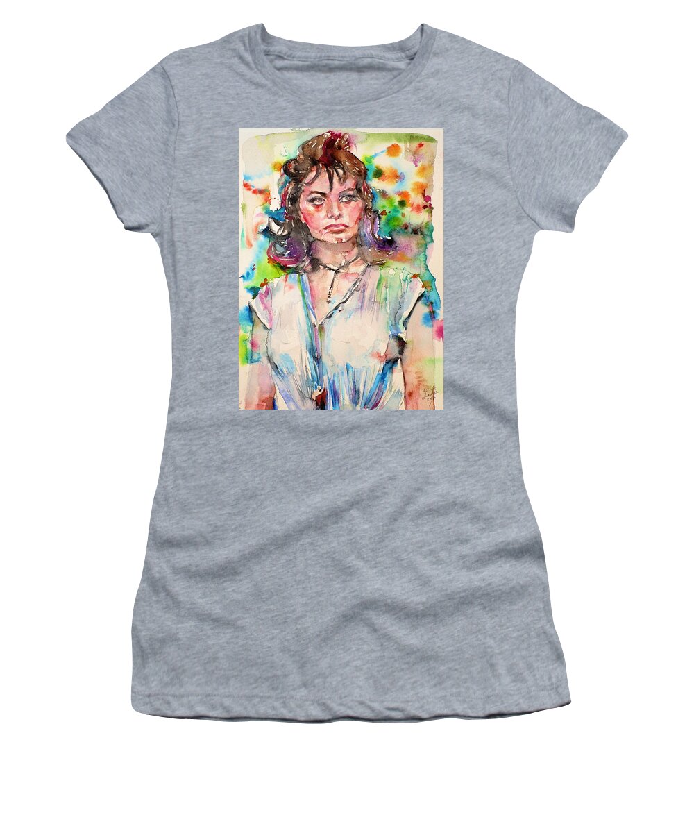 Sophia Loren Women's T-Shirt featuring the painting SOPHIA LOREN - watercolor portrait.2 by Fabrizio Cassetta