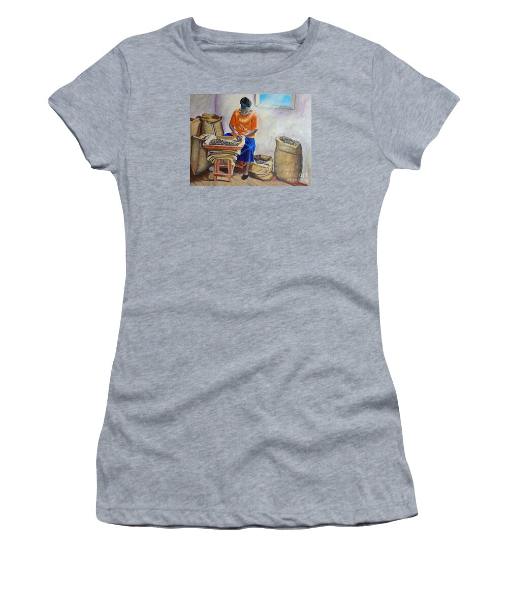 Sorting Nutmegs Women's T-Shirt featuring the painting Sorting Nutmegs by Laura Forde