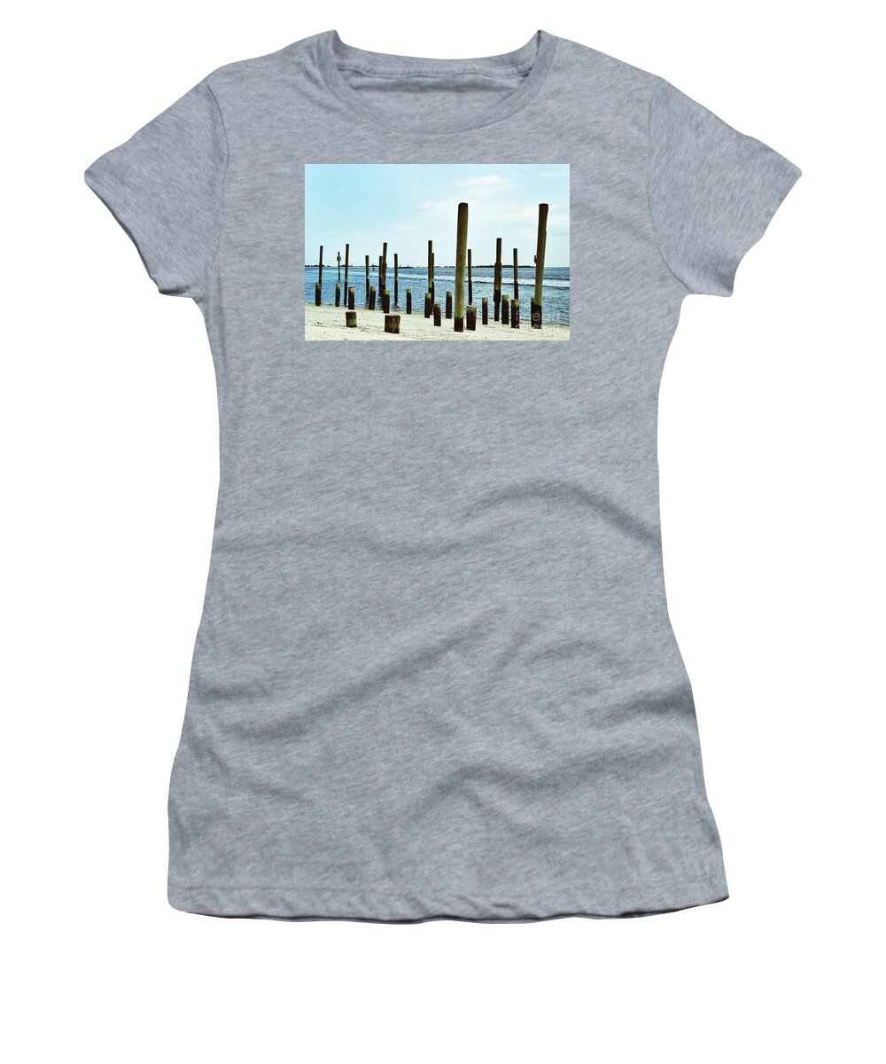 Southport Women's T-Shirt featuring the photograph Southport Beach Weathered Wood by Amy Lucid