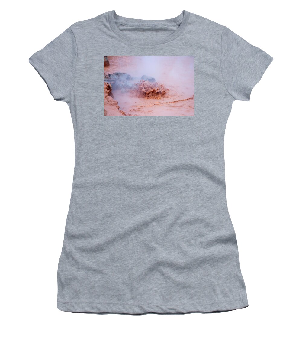 America Women's T-Shirt featuring the photograph Splashing mud in hot pots at Fountain Paint Pots in Yellowstone by Karen Foley