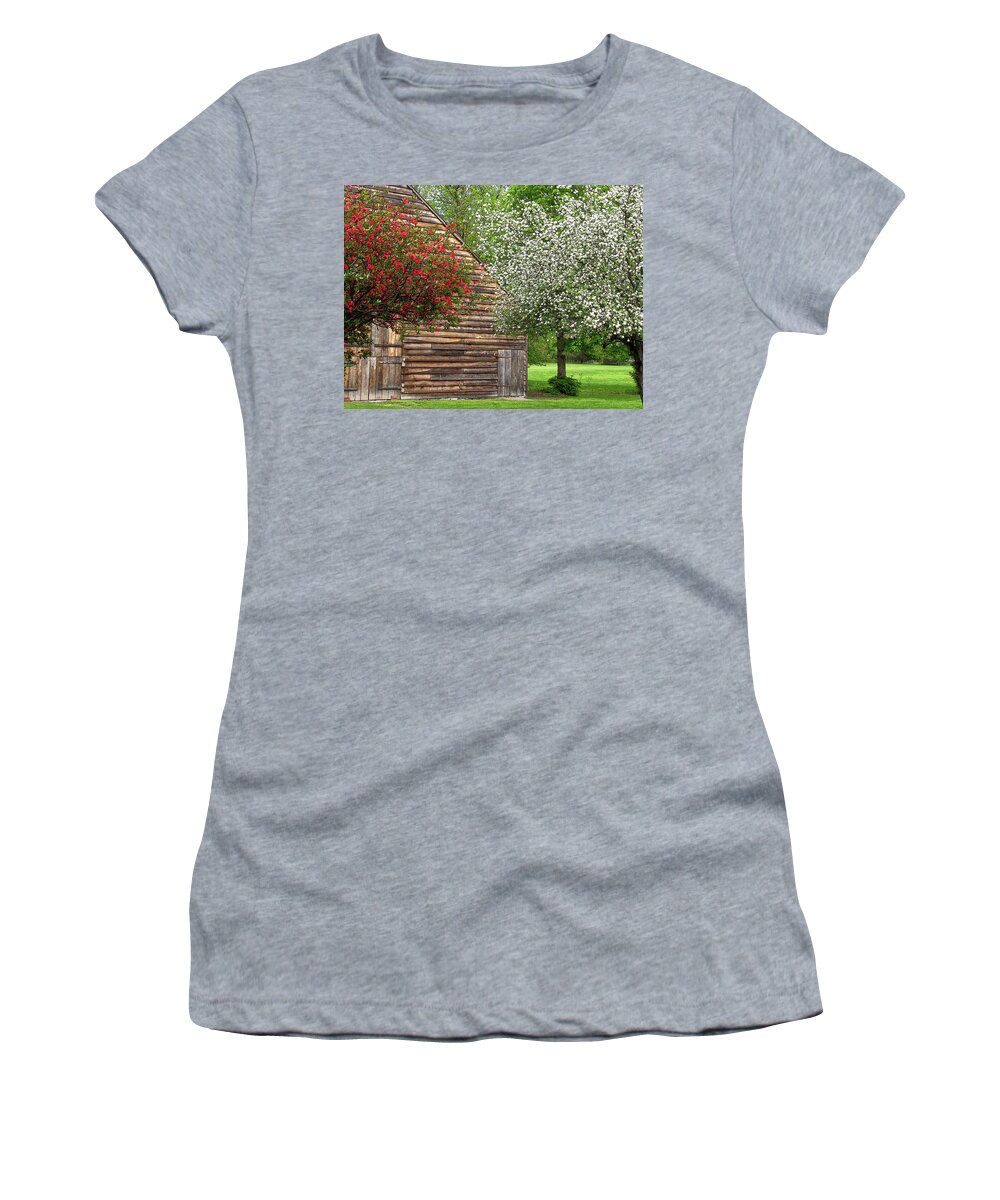 Flowers Women's T-Shirt featuring the photograph Spring Flowers and the Barn by Nancy De Flon