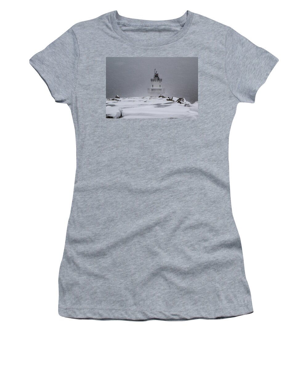 Sprint Point Women's T-Shirt featuring the photograph Spring Point Ledge Lighthouse Blizzard by Darryl Hendricks