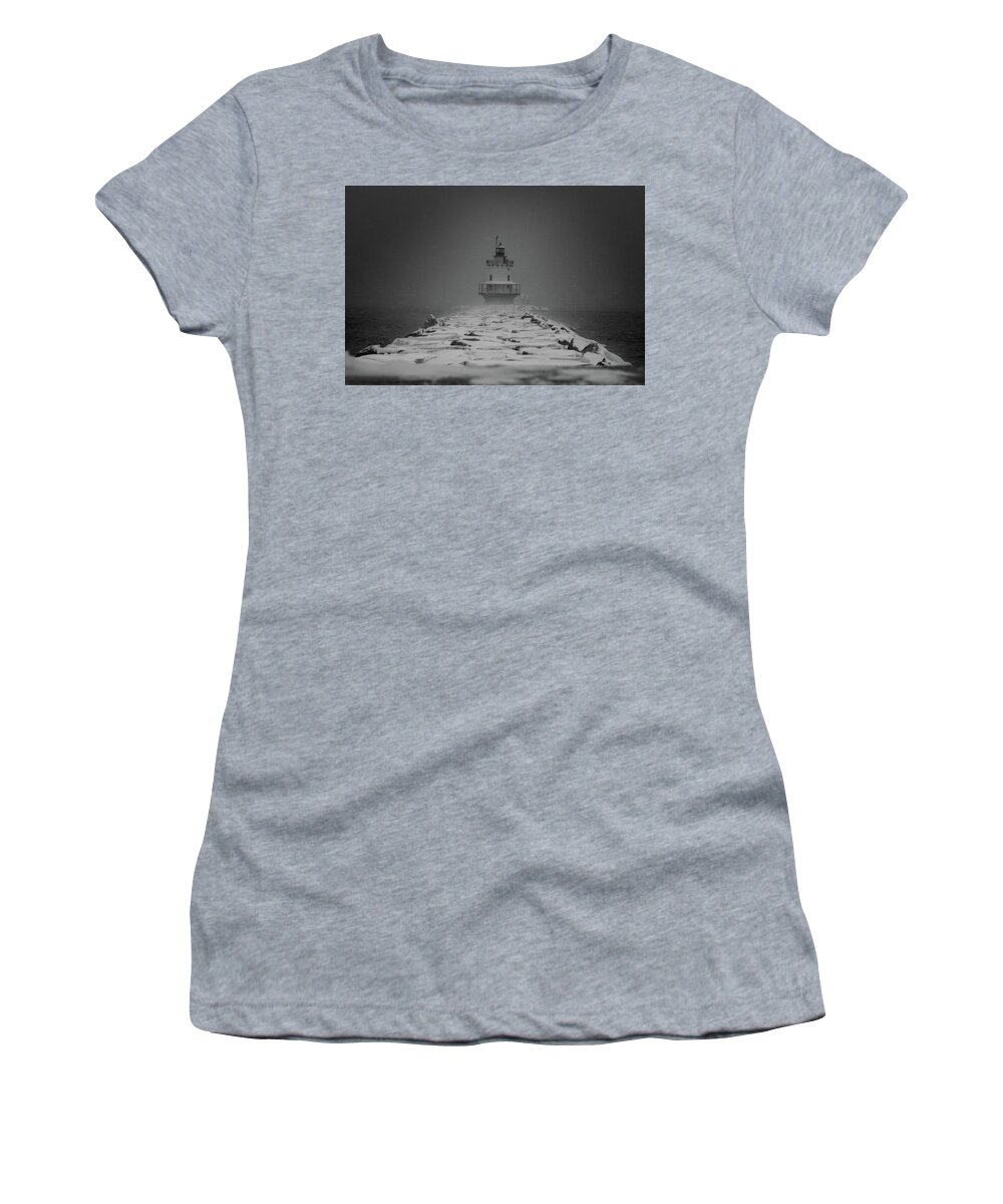 Sprint Point Women's T-Shirt featuring the photograph Spring Point Ledge Lighthouse Blizzard in Black n White by Darryl Hendricks