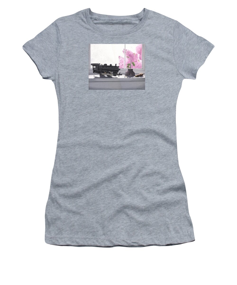 Lionel Women's T-Shirt featuring the painting Spring rain electric train by Gary Giacomelli