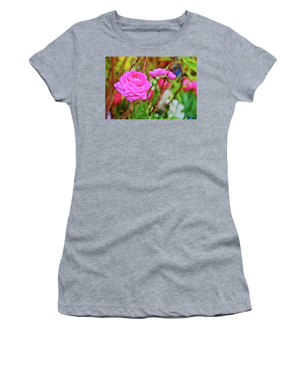 Ranunculus Women's T-Shirt featuring the photograph Spring Show 17 Pink Ranunculus 1 by Janis Senungetuk