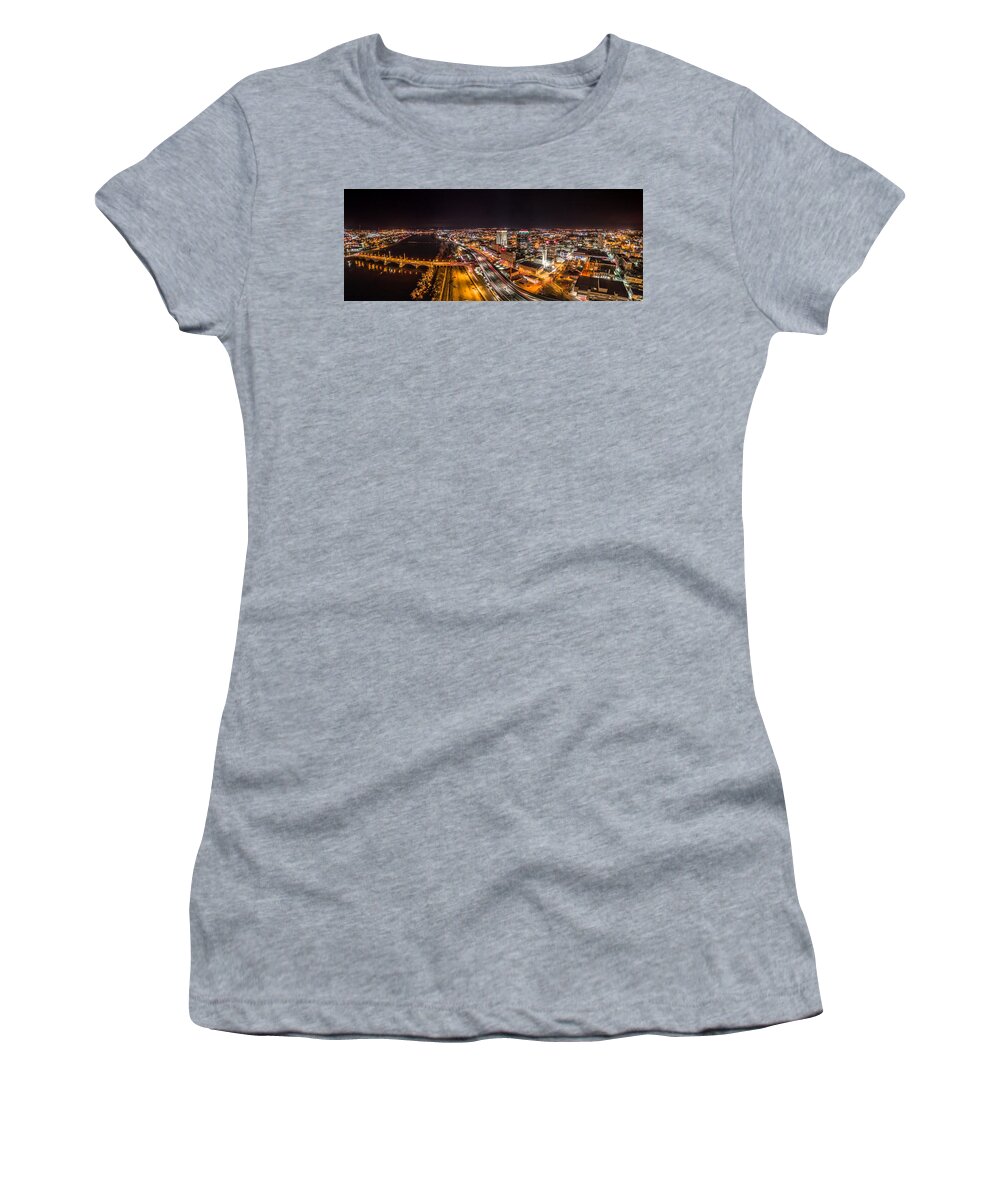 Springfield Women's T-Shirt featuring the photograph Springfield Massachusetts Night Long Exposure Panorama by Mike Gearin