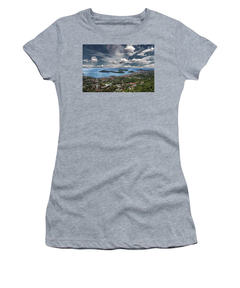 Amalie Women's T-Shirt featuring the photograph St Thomas Bay from Mountains by Darryl Brooks