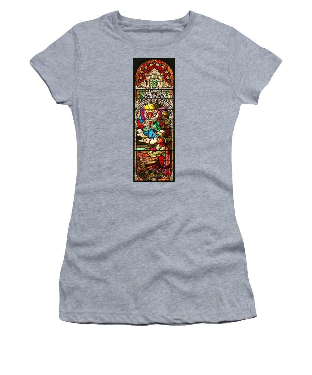 Cathedral Of The Plains Women's T-Shirt featuring the photograph Stained Glass Scene 7 Crop by Adam Jewell