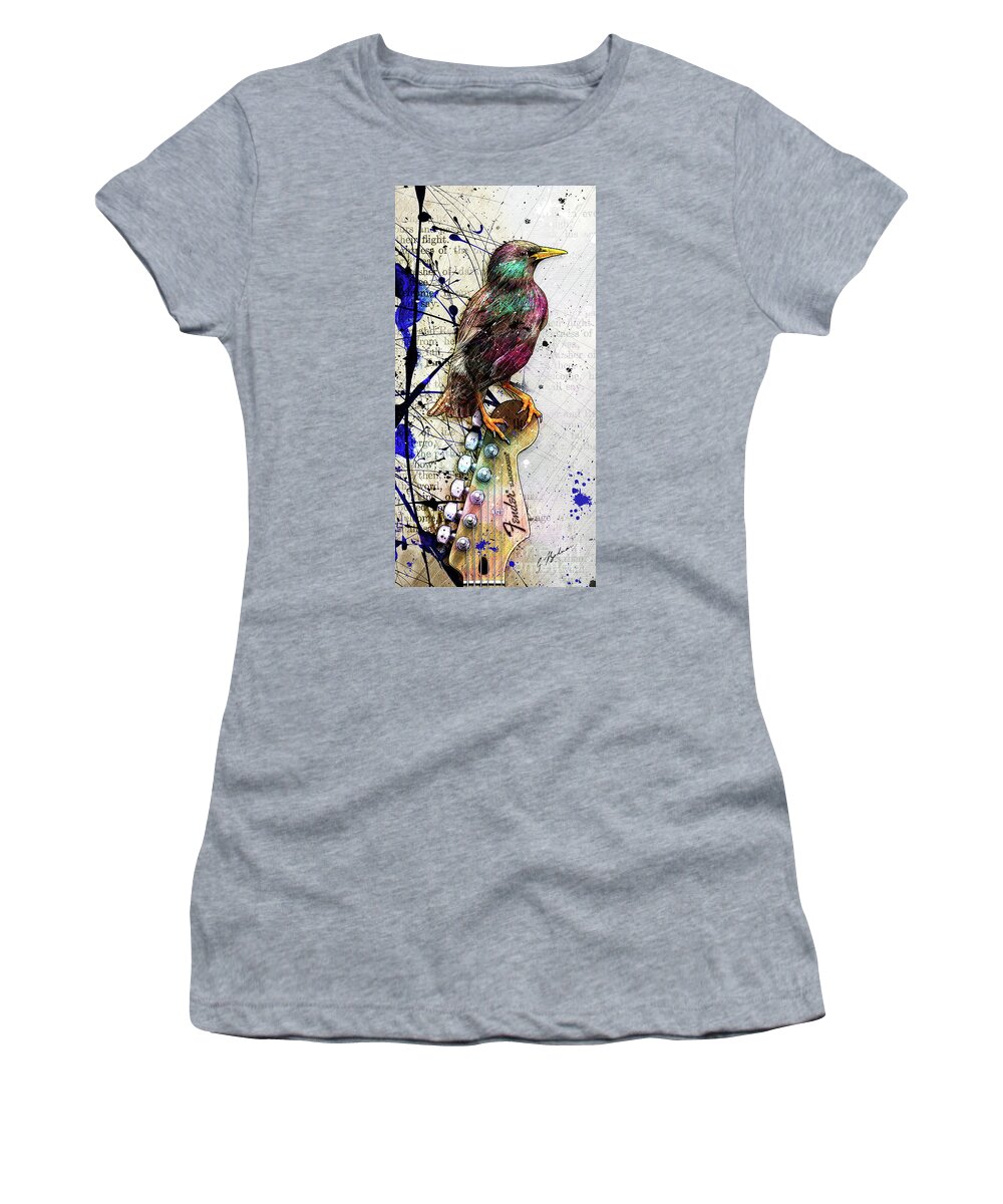 Starling Women's T-Shirt featuring the digital art Starling On A Strat by Gary Bodnar