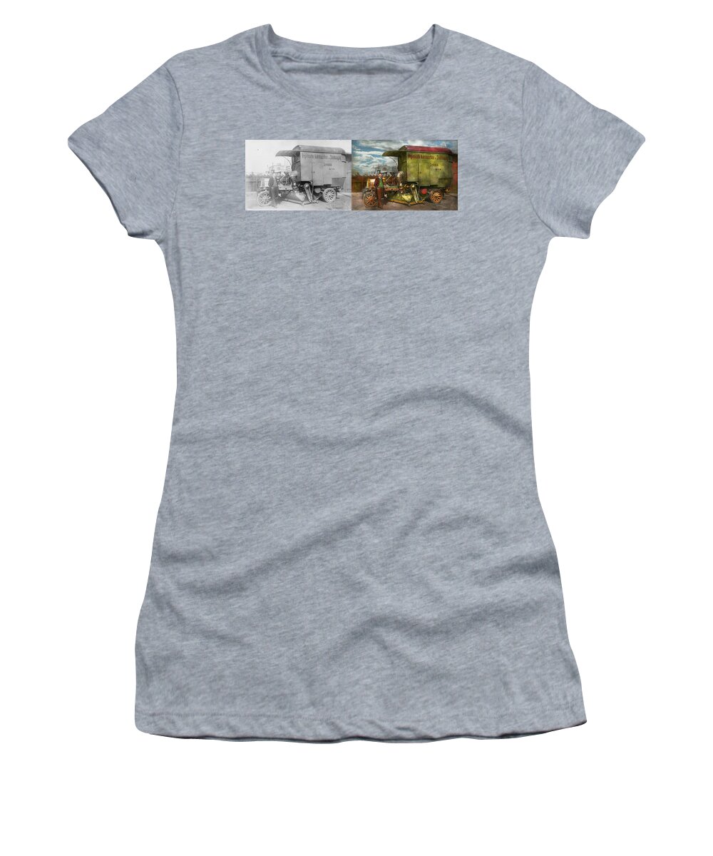 Kehrmaschine Hygienische Staubsaugun Women's T-Shirt featuring the photograph Steampunk - Street Cleaner - The hygiene machine 1910 - Side by Side by Mike Savad